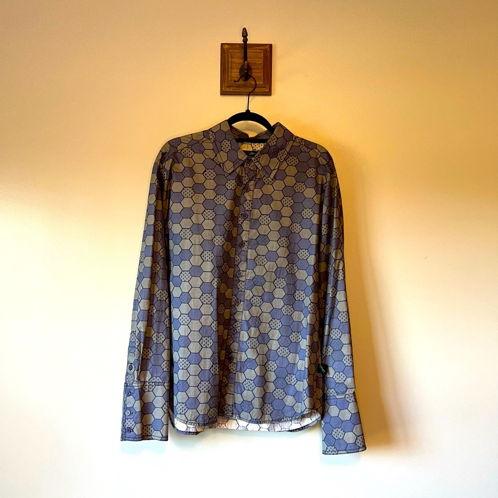 Tripp NYC blue/grey geometric hexagon designs long sleeve button up shirt mens M